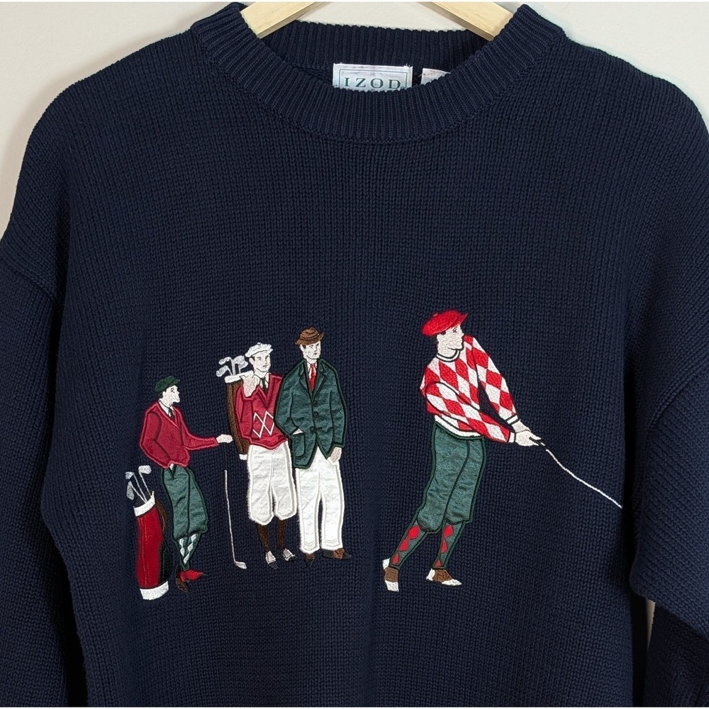 Izod Vintage Mens Large Navy Blue Cotton Knit Embroidered Golf Scene Sweater